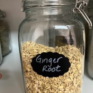 Jar labeled "Ginger Root" filled with pieces.