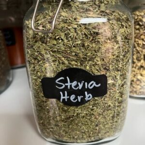 Glass jar labeled "Stevia Herb".