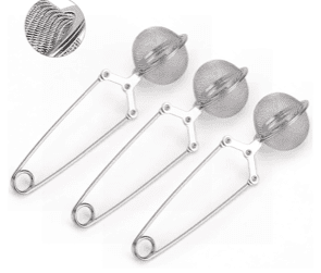 Three silver tea infusers with long handles.